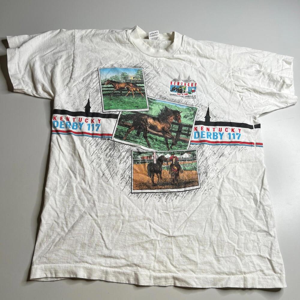 Vintage 1991 Kentucky Derby 117 T-Shirt Fruit of the Loom XL USA Horse Racing 90